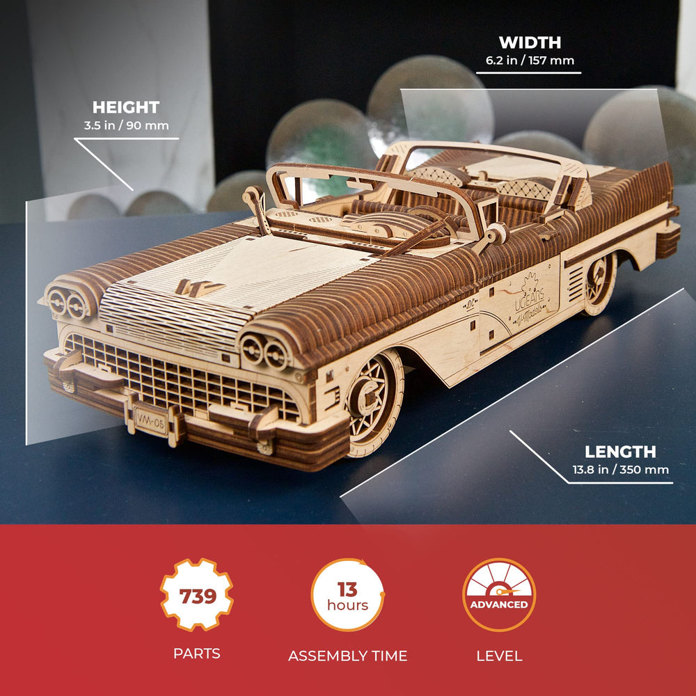 UGEARS Dream Cabriolet functional doors show precise moving parts during assembly.