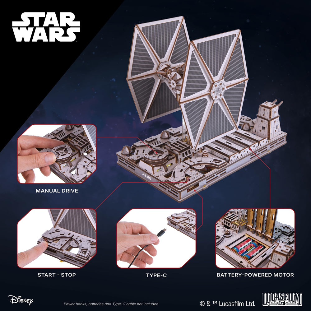 UGEARS TIE Fighter build steps showing tool-free slots for easy assembly.