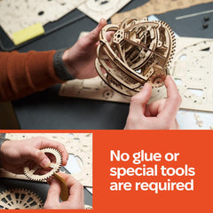 UGEARS tool-free assembly demonstrates easy, glue-free construction of a functional timepiece.
