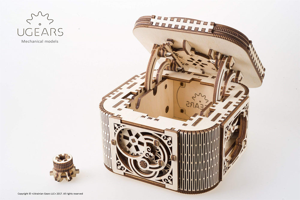 UGEARS Treasure Box gear workings visible through wood grain for tactile interest.