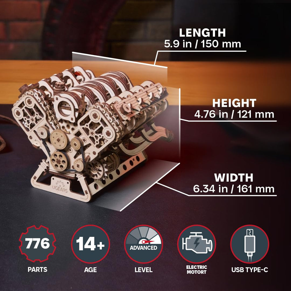 UGEARS V8 engine assembly demonstrates intricate mechanics without glue for learners.