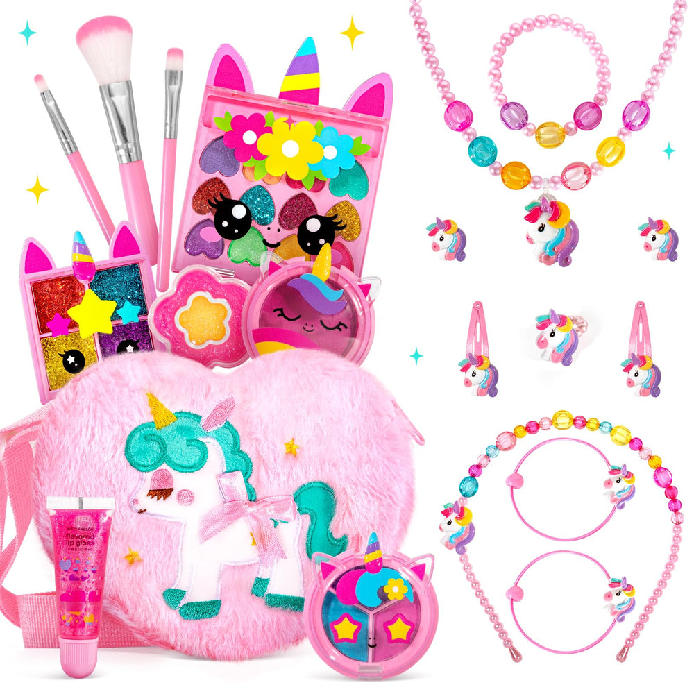 ULOVEME Kids Real Makeup Kit with heart purse for imaginative play.
