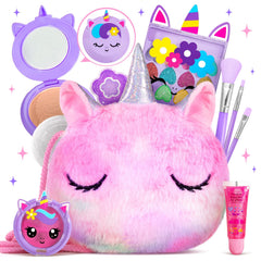 ULOVEME Kids Real Makeup Kit with fluffy purse for imaginative play and safe handling.