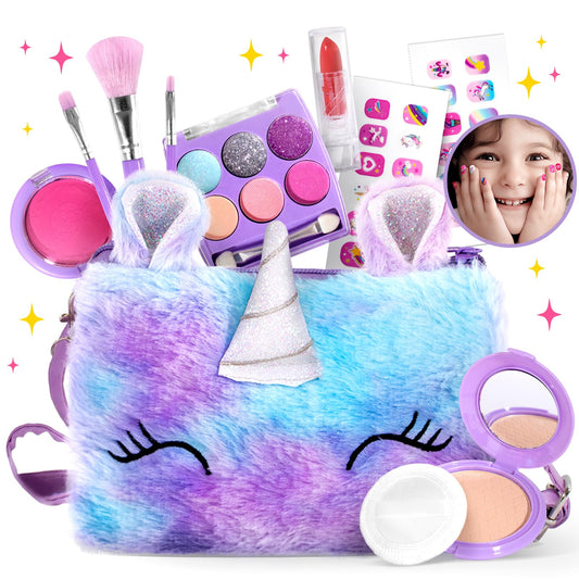 ULOVEME unicorn makeup kit palette close-up, washable colors for mess-free pretend play.