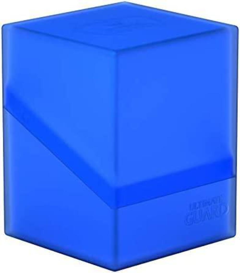 Ultimate Guard Boulder 100+ Sapphire front view shows durable card storage capacity.