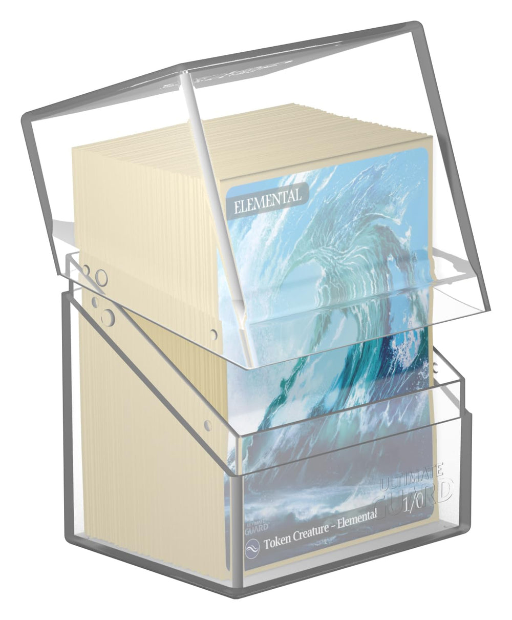 Ultimate Guard Boulder 80+ Classic deck case open lid reveals organized double-sleeved cards.