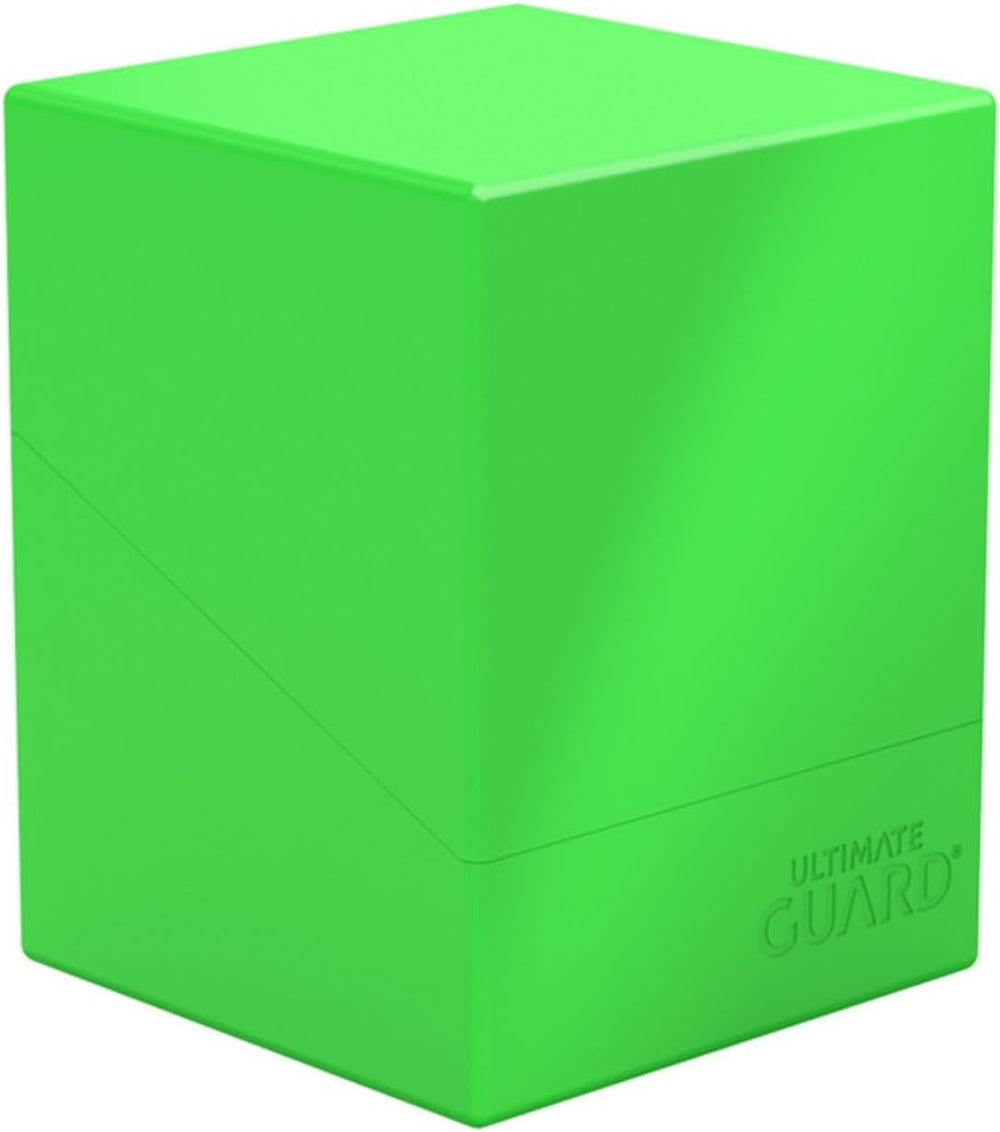 Ultimate Guard Boulder Solid 100 neon green open lid reveals double-sleeved card capacity.