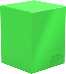 Ultimate Guard Boulder Solid 100 neon green open lid reveals double-sleeved card capacity.