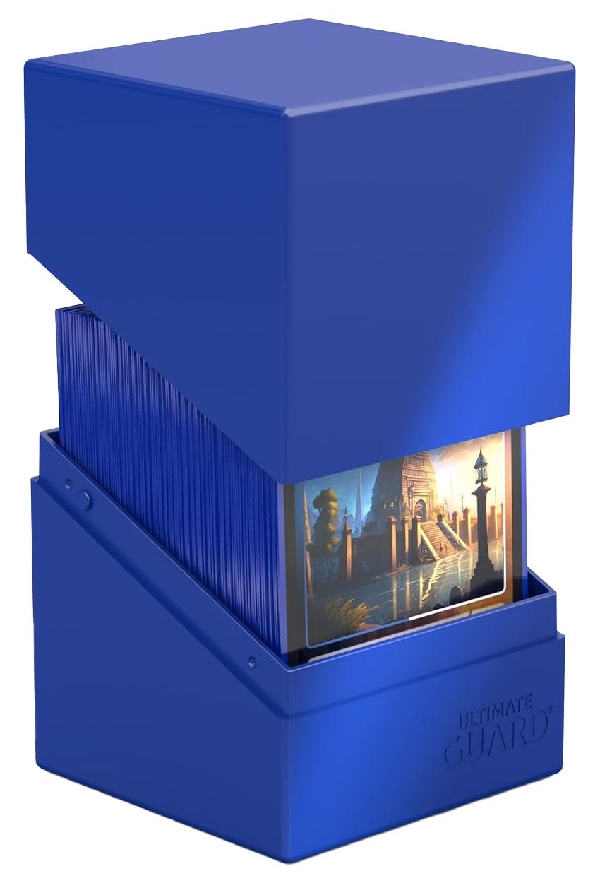Ultimate Guard Boulder Solid 100+ blue lid open facilitates easy card access.