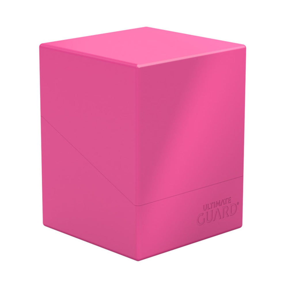 Ultimate Guard Boulder Solid 100+ Neon Pink deck case front view, secure transport for double-sleeved cards.