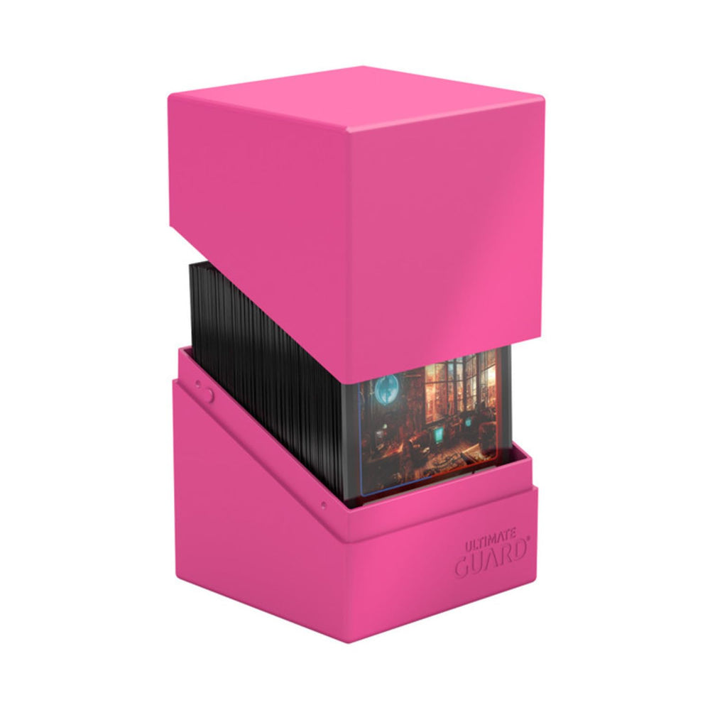 Ultimate Guard Boulder Solid 100+ Neon Pink deck case side view, robust storage with opaque exterior.