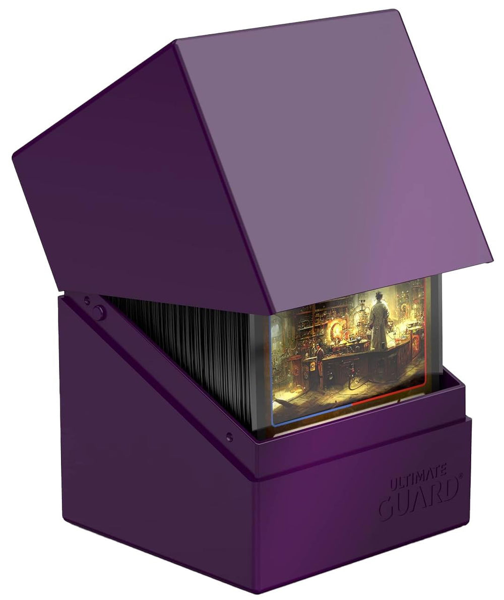 Closeup of the latch on the Ultimate Guard Boulder Solid 100+ purple deck case