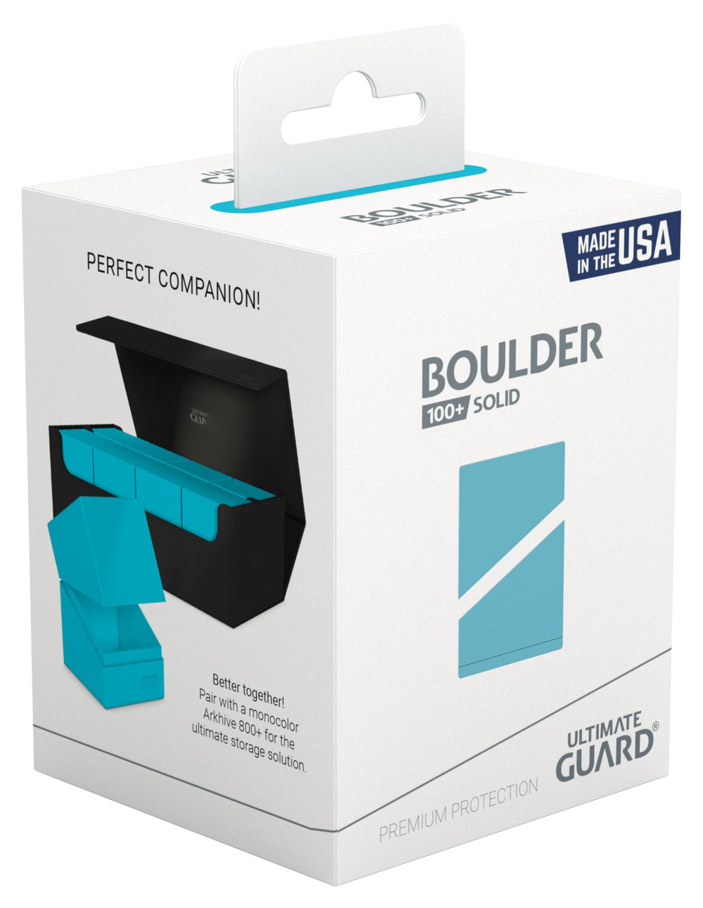 Ultimate Guard Boulder Solid 100+ turquoise interior tray keeps double-sleeved cards aligned
