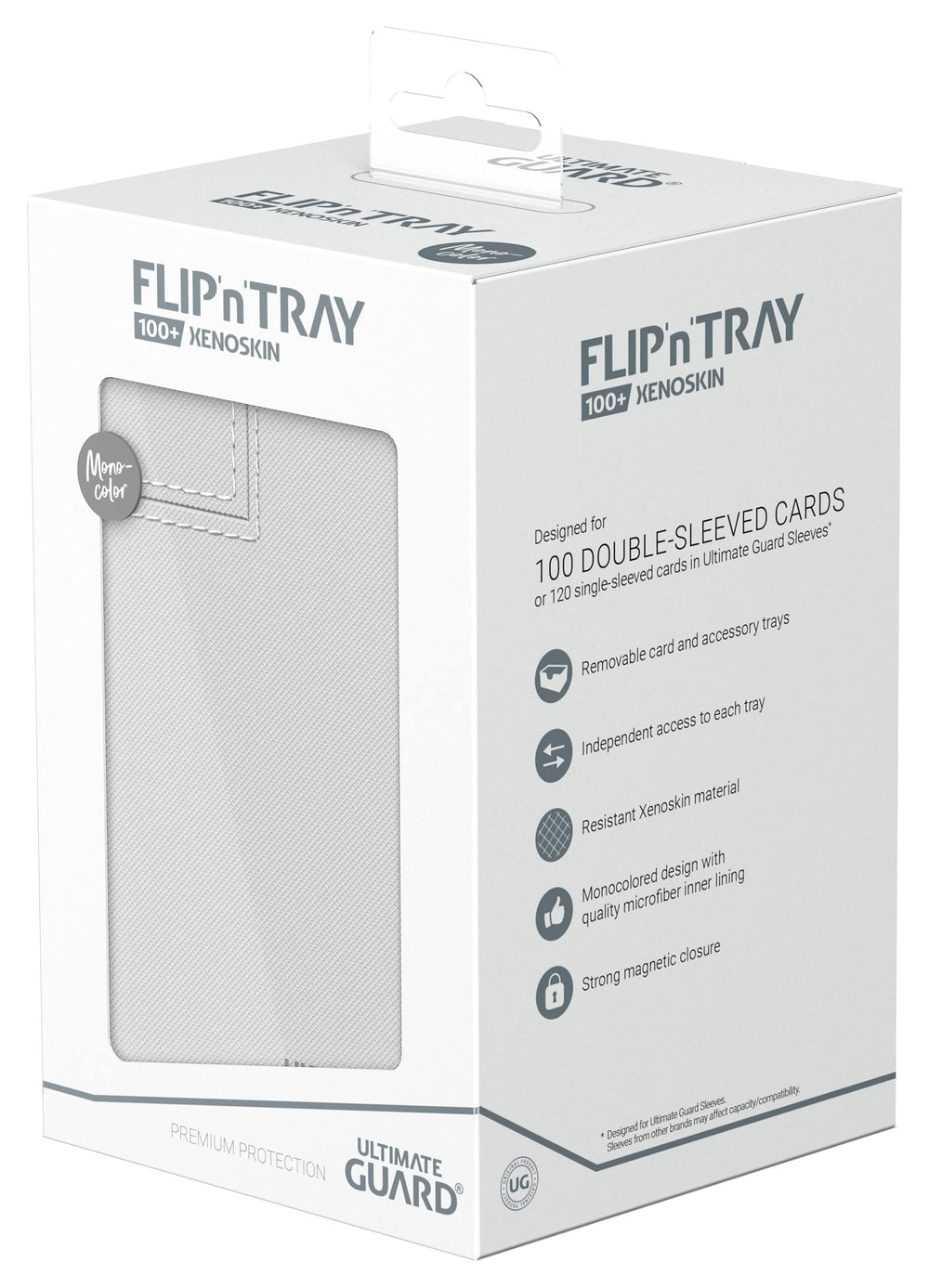 Compact organization of 100 double-sleeved cards and dice in the Flip'n'Tray 100+