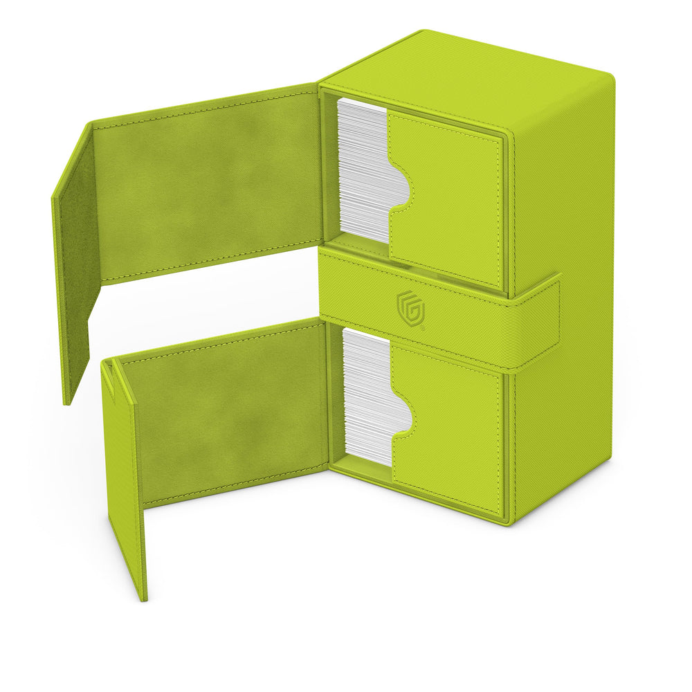 Ultimate Guard Twin Flip'n'Tray 200+ Xenoskin Lime, removable trays for flexibility.