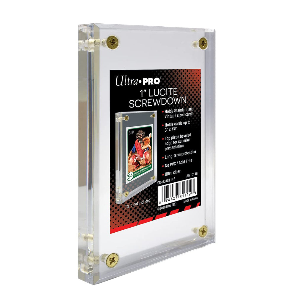 Ultra PRO 1-inch thick lucite screwdown display secures 2.5 x 3.5 inch cards for archival-style presentation