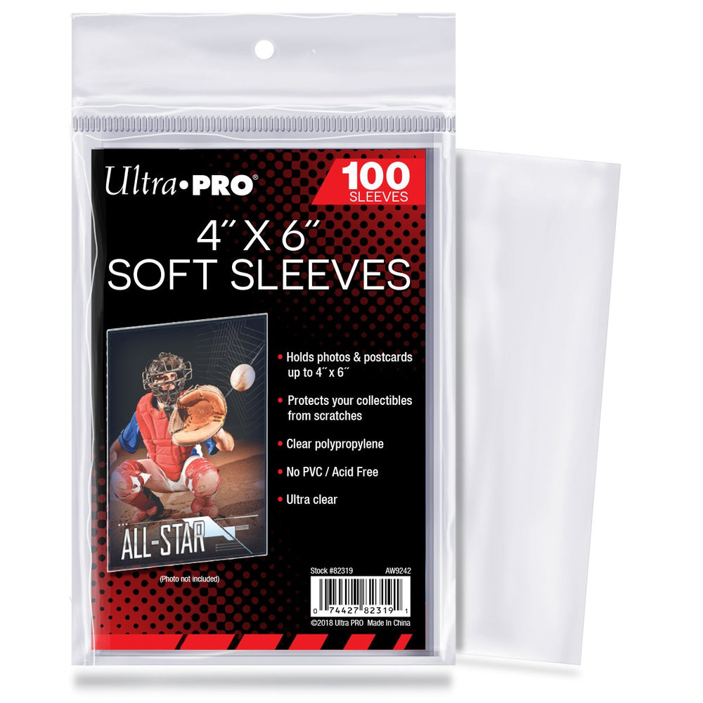 Ultra Pro 4x6 soft sleeves protect photos and cards; acid-free, PVC-free, clear polypropylene.