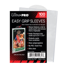 Ultra PRO Easy Grip sleeves with half-circle tab for easy Toploader removal and protection.