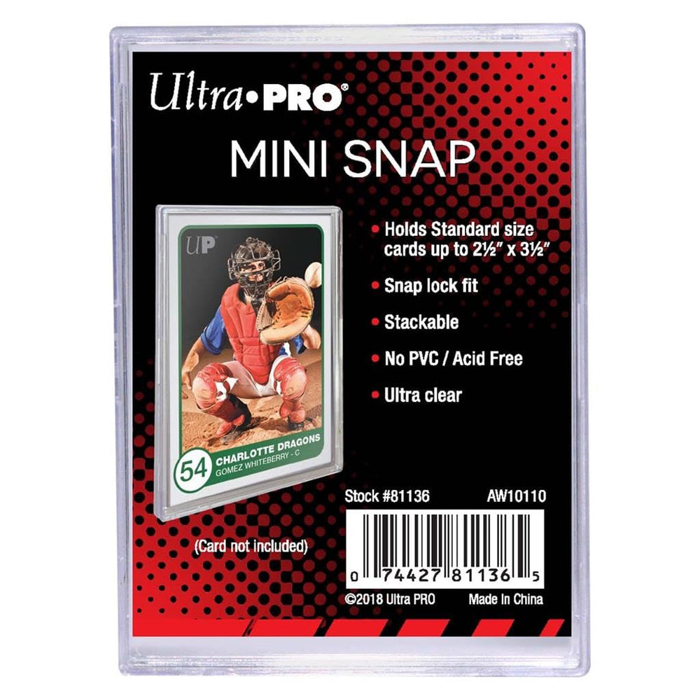 Ultra Pro Mini Snap Holder stores standard 2.5x3.5 inch cards with PVC-free protection.
