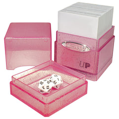 Ultra PRO Satin Tower Glitter Pink deck box with snap-lock securing contents for travel.