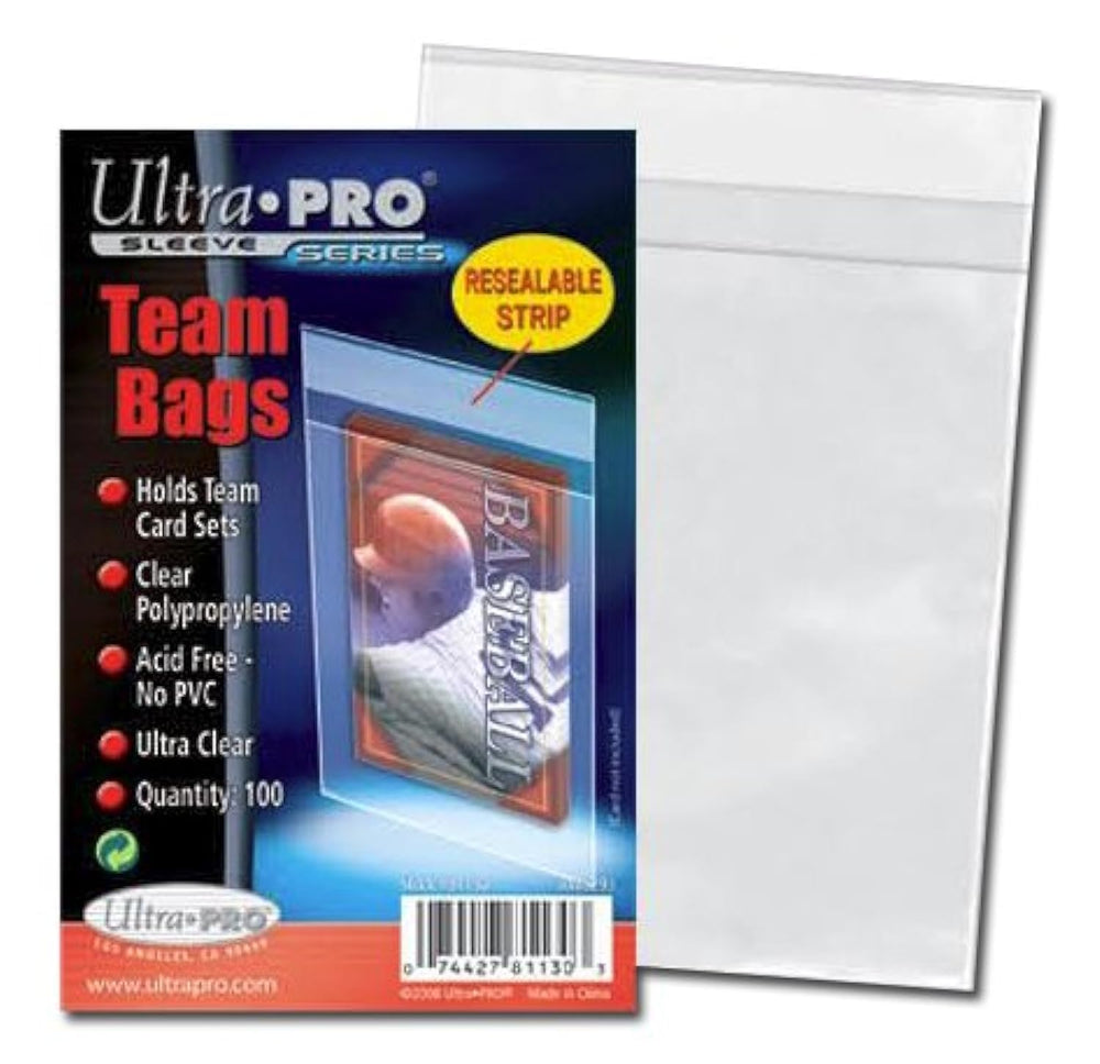Ultra Pro standard-size team bags closeup protects top loaders and keeps sets organized.