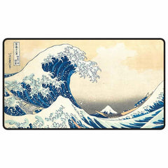 Ultra Pro stitched edge playmat The Great Wave front view enhances desk setup and smooth gameplay.