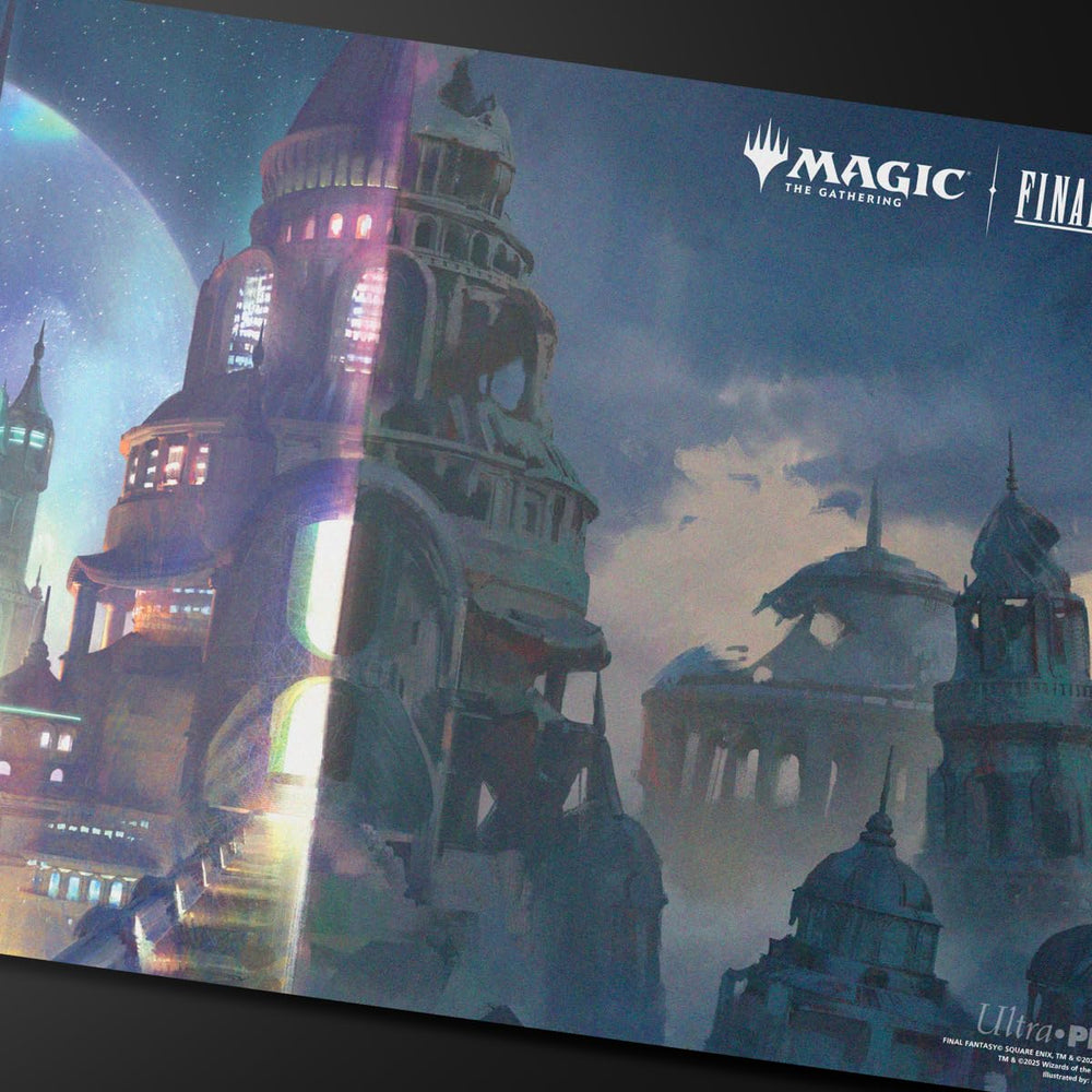 Desk setup featuring Ultra PRO Zanarkand playmat adds stylish, stable surface.
