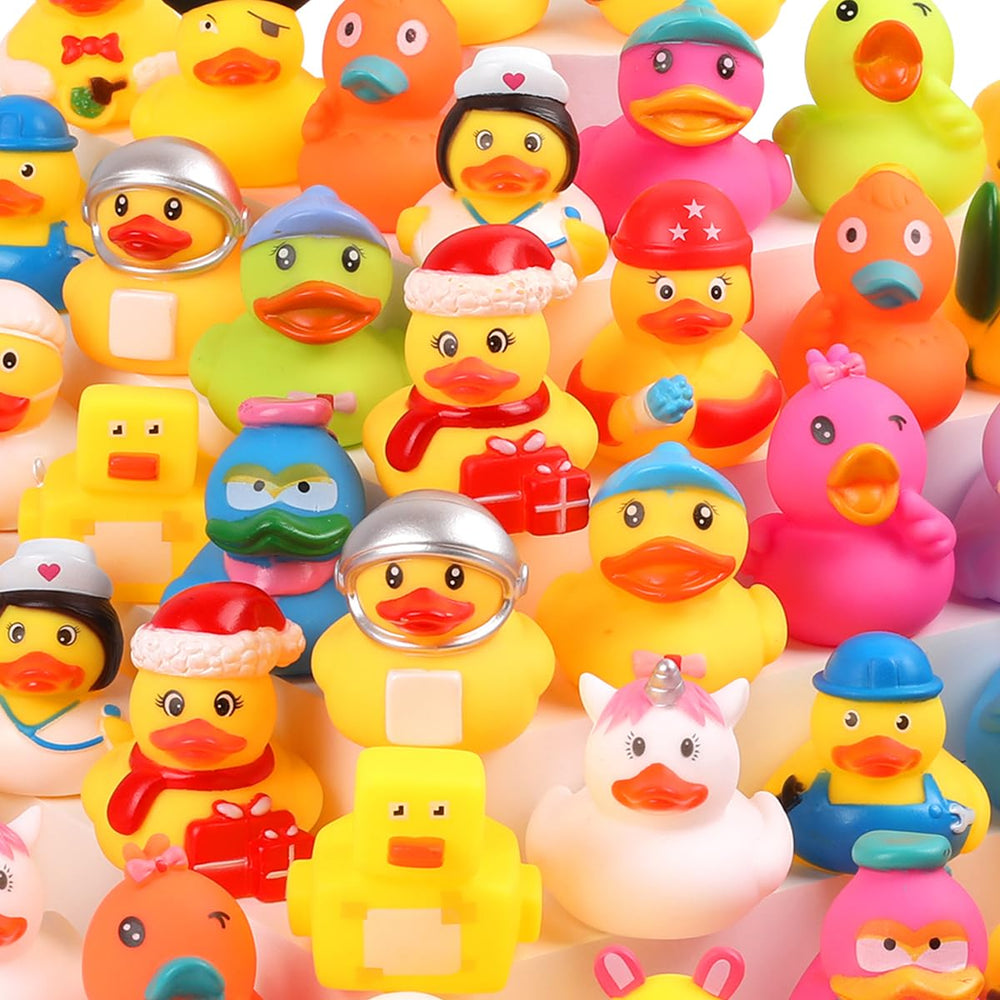 Durable rubber ducks suitable as classroom prizes.