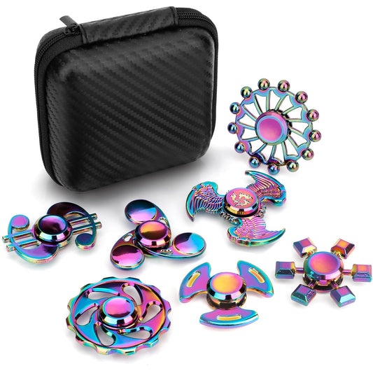 Umnodobn metal fidget spinner seven-pack on a desk for focus and stress relief