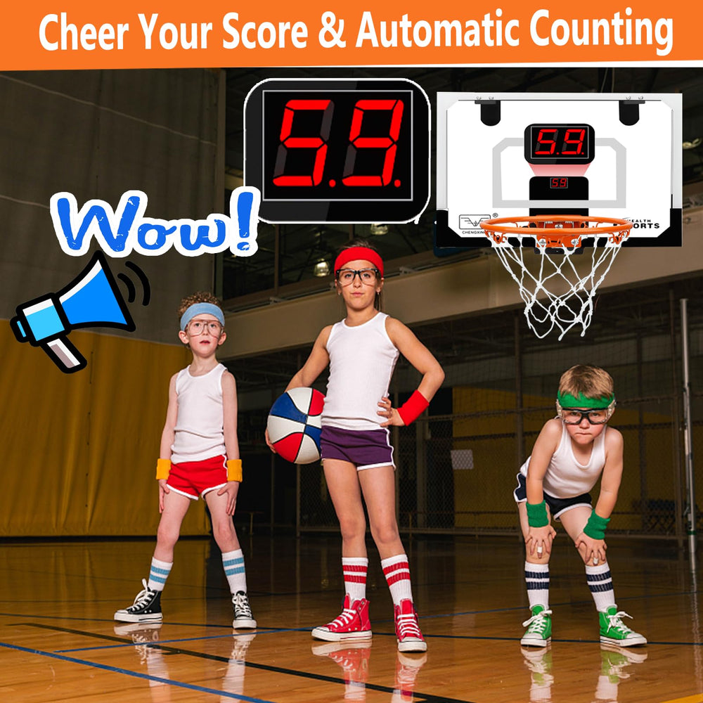 Umnodobn Pro Indoor Mini Basketball Hoop featuring automatic scoreboard during play.