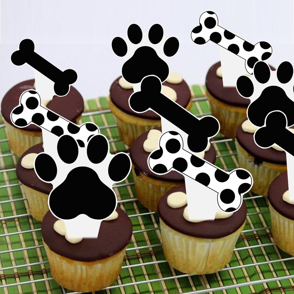Umoni dog paw and bone toppers enhance themed dessert displays.