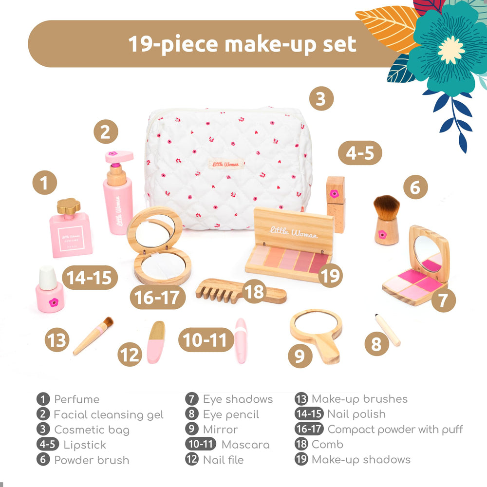 UMU wooden cosmetic bag keeps playtime organized and tidy.