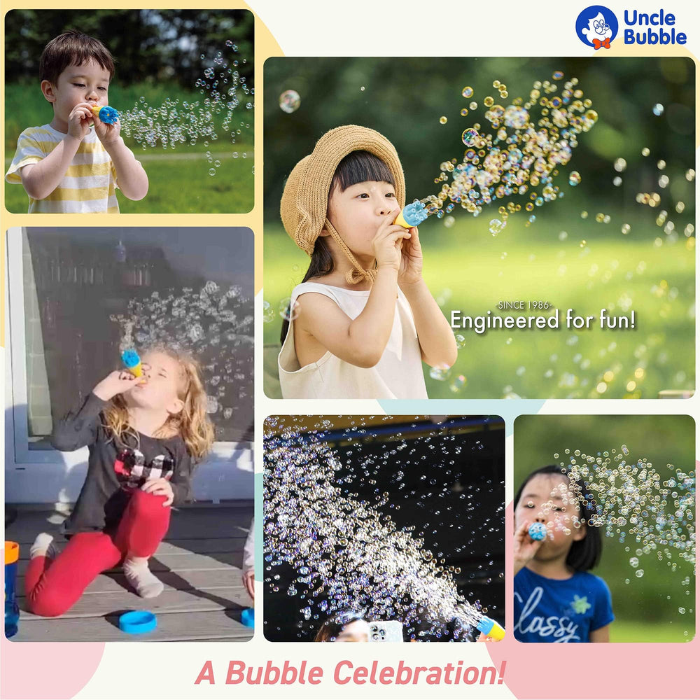Wedding or event backdrop with a snowfall of bubbles from Uncle Bubble Mini Bubble Blower.