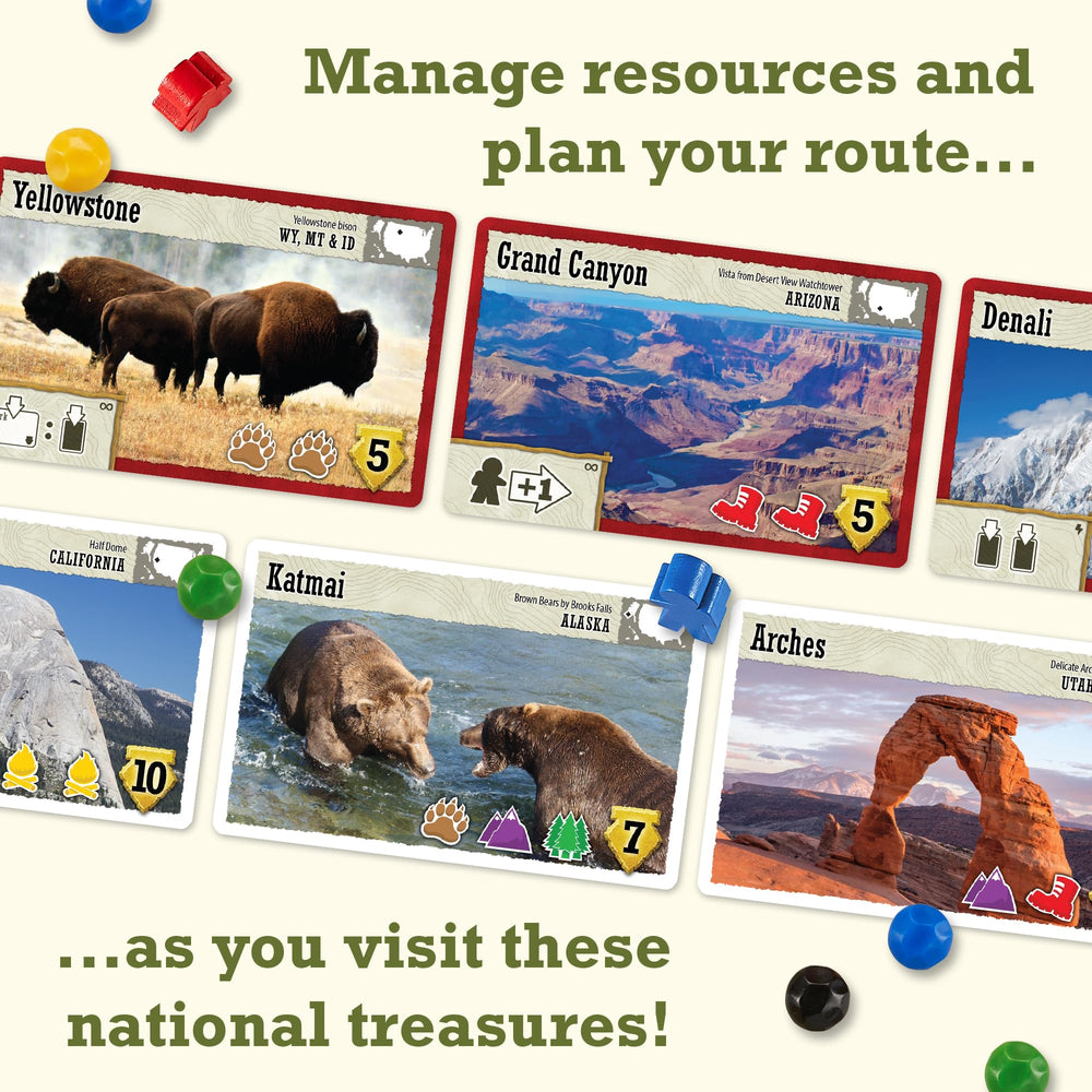 Underdog Games Trekking the National Parks wooden pieces provide sturdy, lasting gameplay components.
