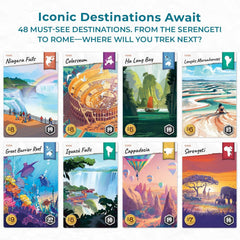 Underdog Games Trekking the World 2nd Edition destination cards highlight iconic sites for planning.
