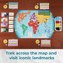 Underdog Games Trekking the World 2nd Edition souvenir tokens provide tactile engagement.