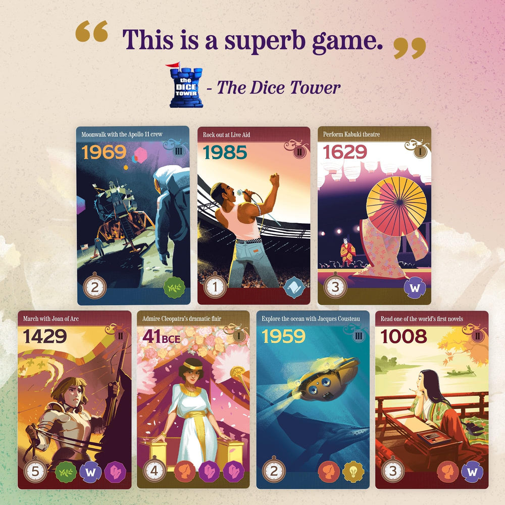 Trekking Through History cards art showcases historic figures and scenes for engaging, learning-friendly play.