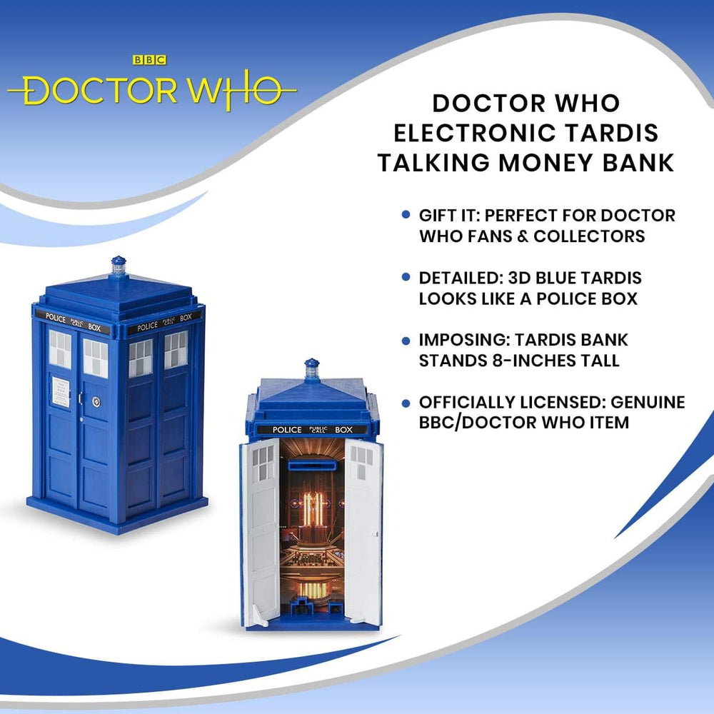 Underground Toys Doctor Who TARDIS Bank display, compact size fits shelves and desks