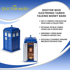 Underground Toys Doctor Who TARDIS Bank display, compact size fits shelves and desks