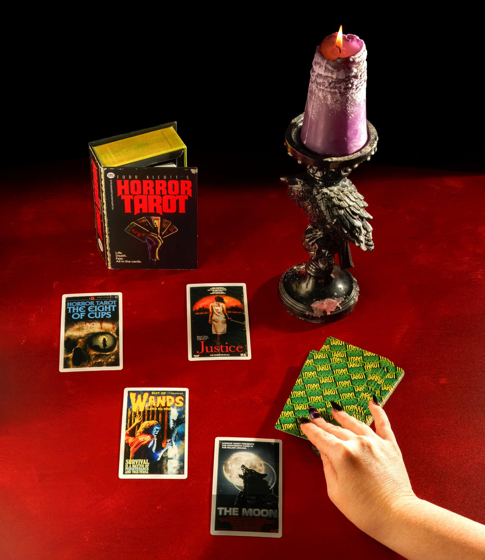 Display-ready boxed set of horror tarot on a shelf.