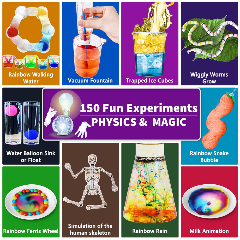 UNGLINGA 150 experiments chemistry reactions kit features colorful experiments for at-home exploration.