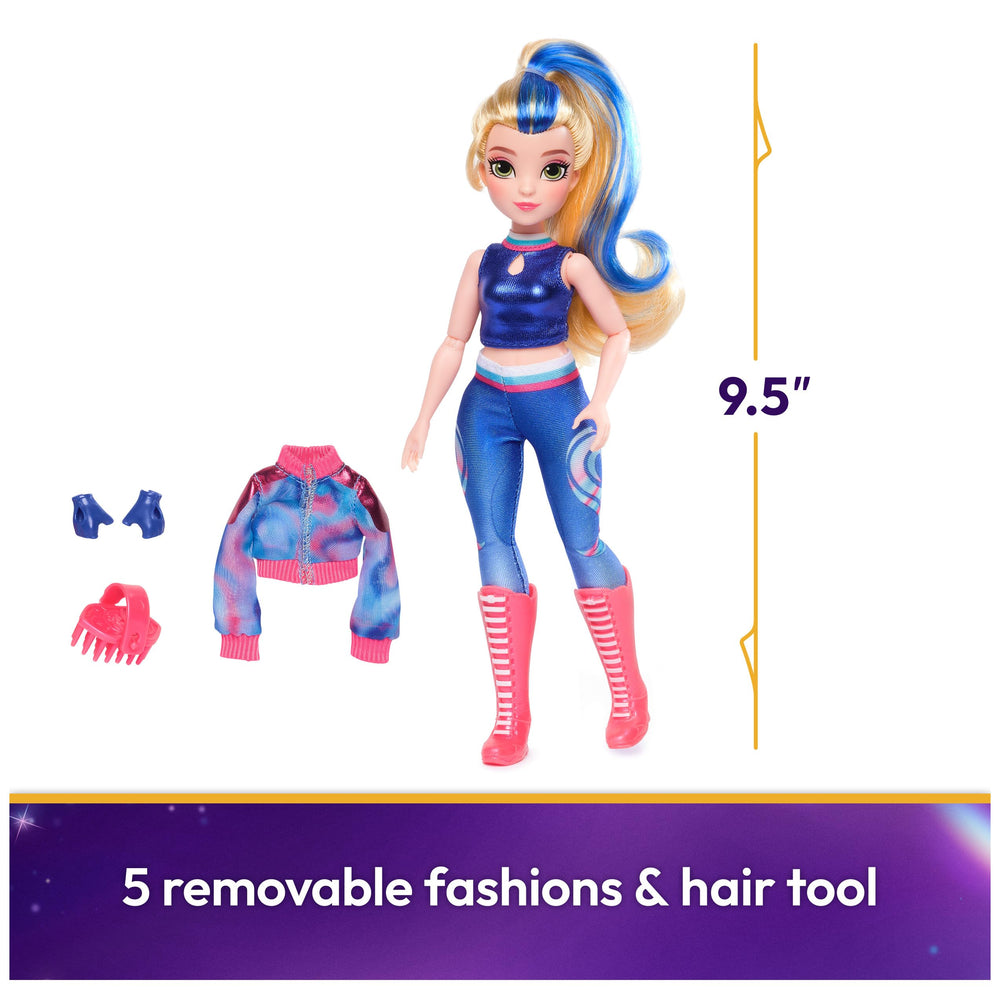 Isabel doll with blue highlighted hair showcasing styling potential