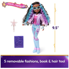 Layla wearing riding pants with power markings for action-ready adventures.