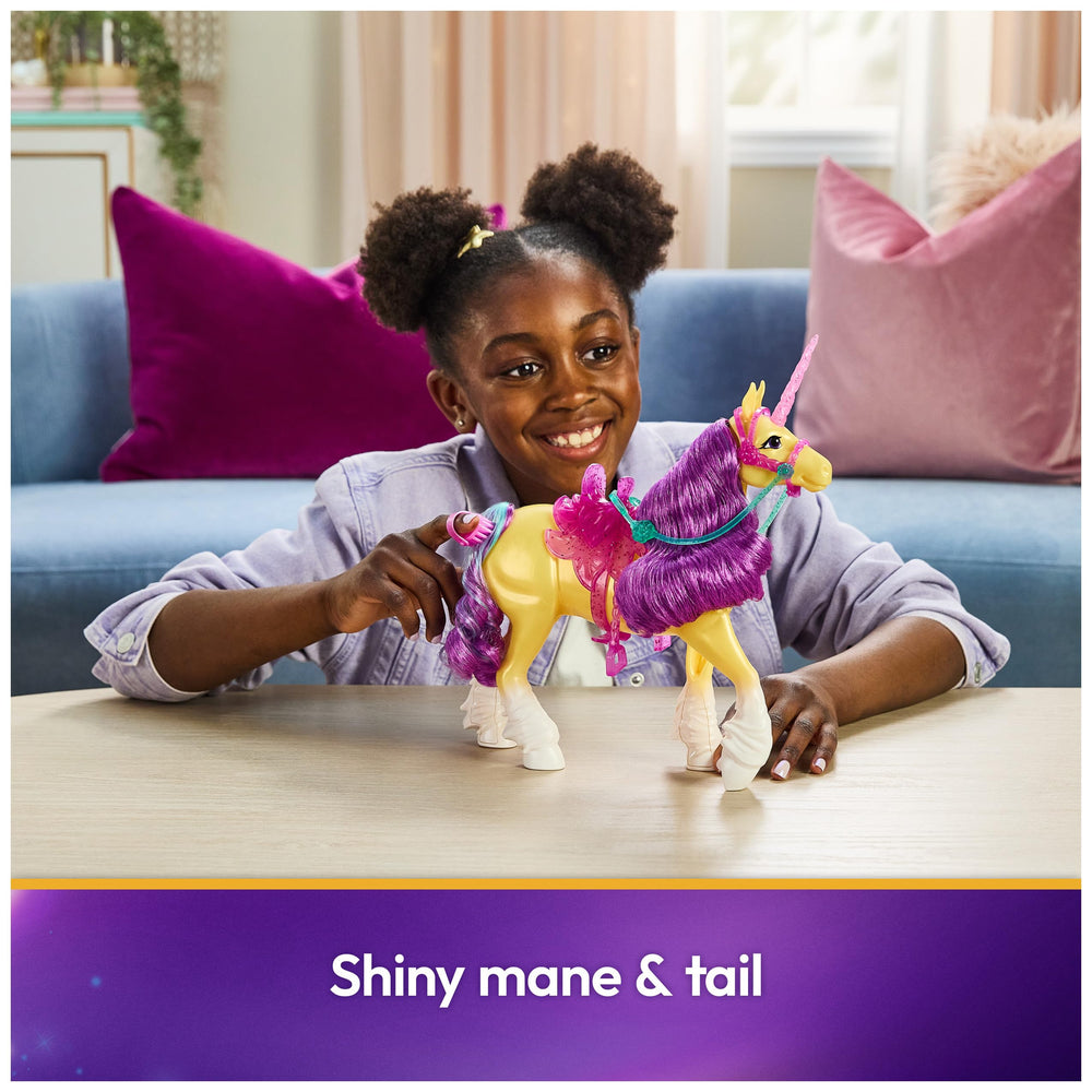 Leaf's glittery horn and vibrant mane invite colorful storytelling.