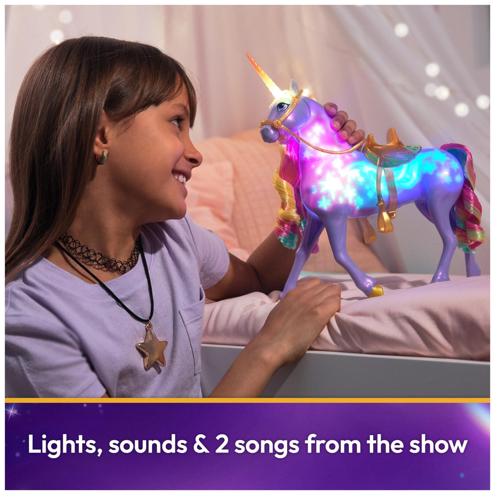 Unicorn Academy Rainbow Light-up Wildstar reins: pull to trigger reactions and rainbow shimmer.