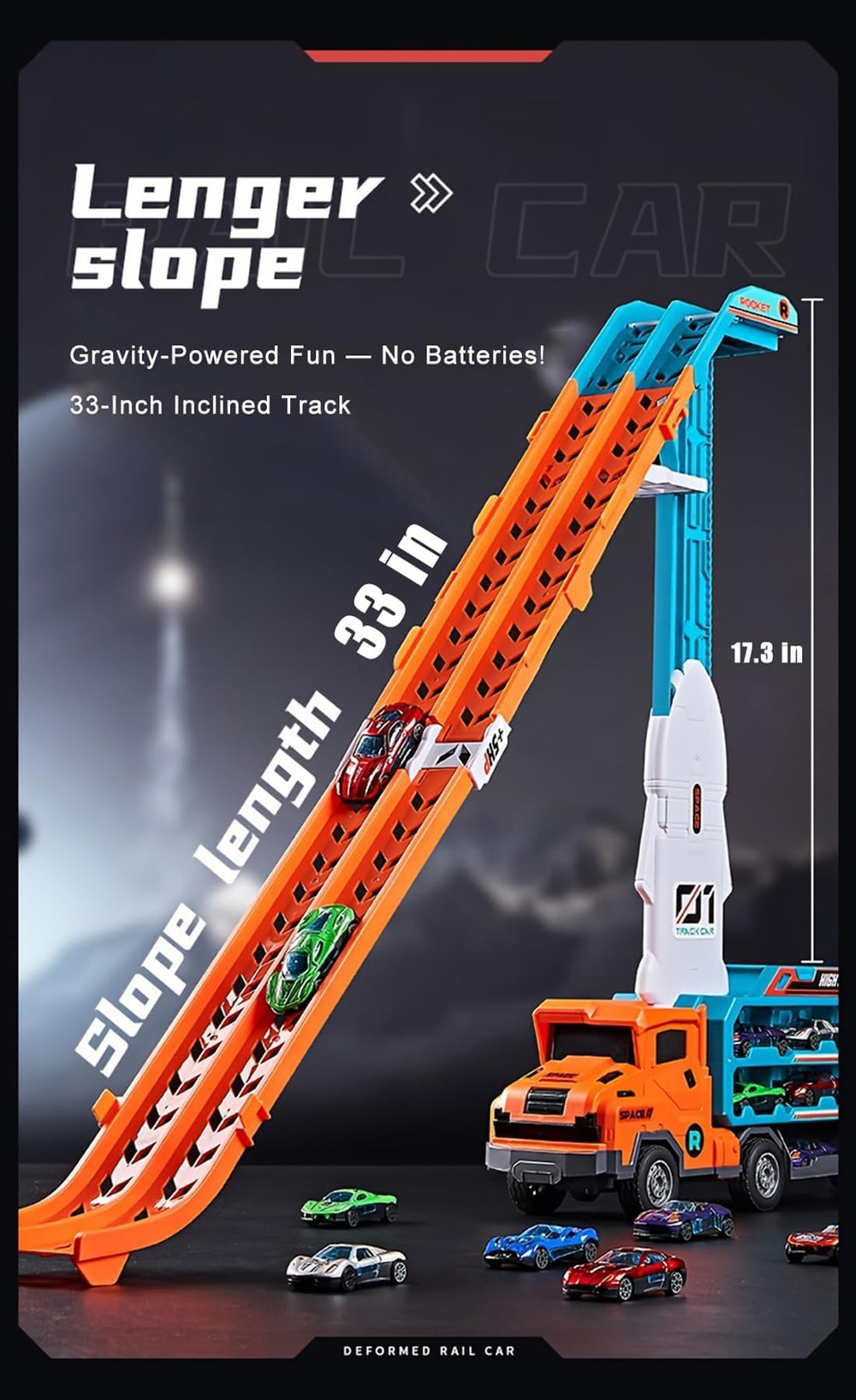 Unimoly Carrier Truck dual green-lane racetrack for fast head-to-head races.
