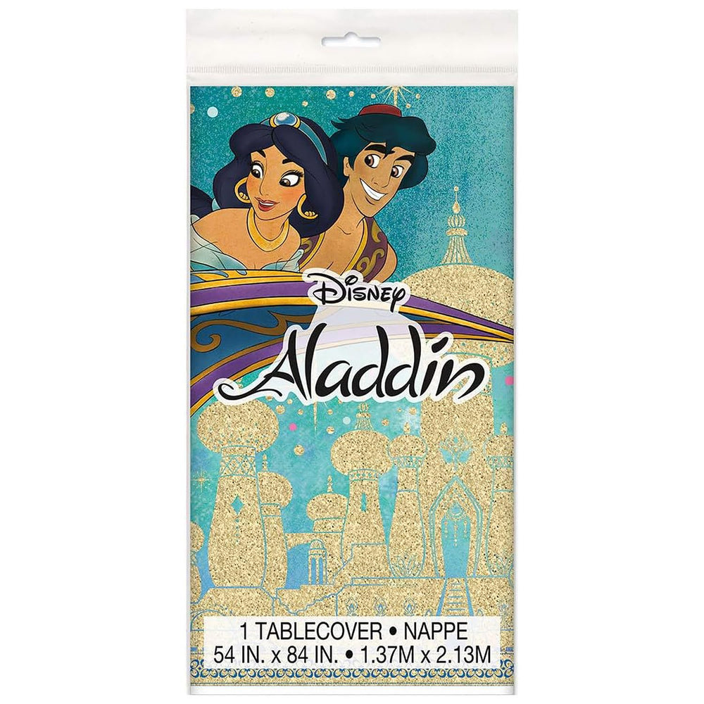 Unique Aladdin table cover features sturdy plastic for reusable decor and quick cleanup.