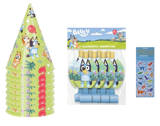 Unique Bluey hat cones close-up show colorful party accessories for kids.