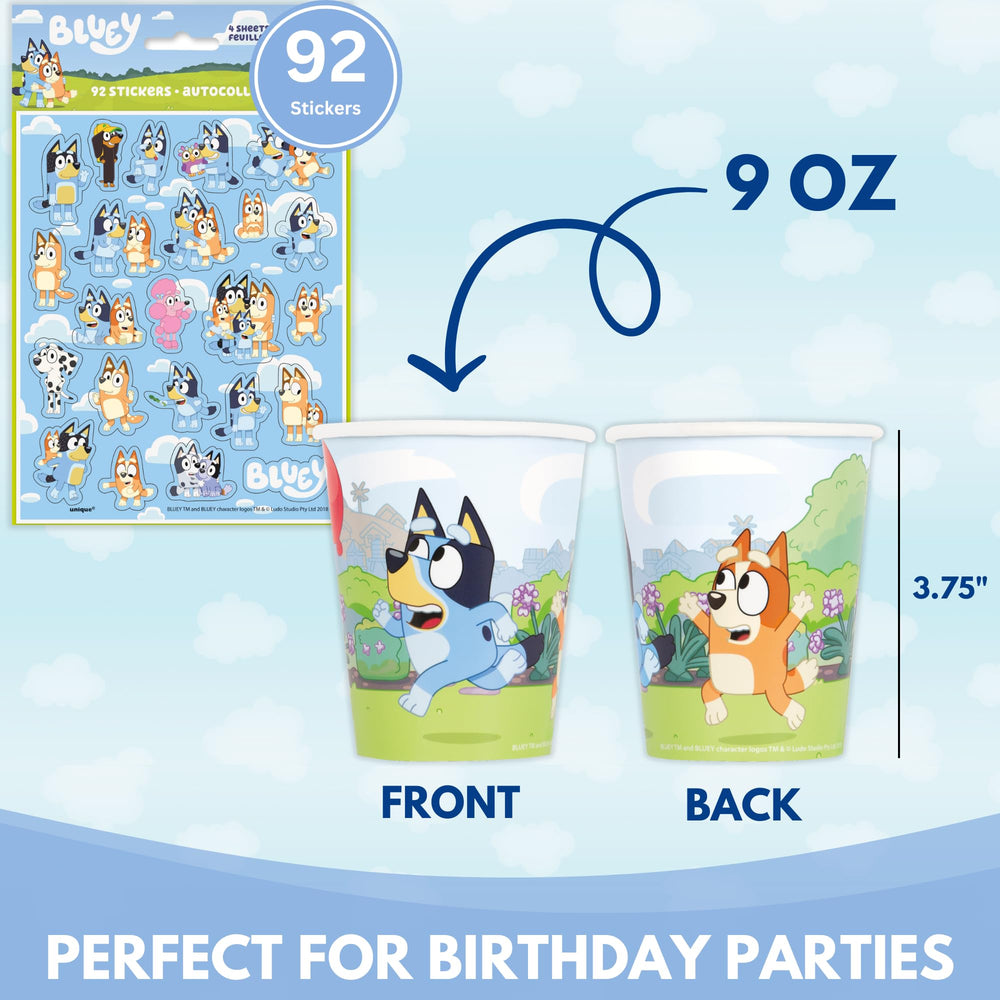 Unique Bluey party table setup with cups and stickers brightens decor.