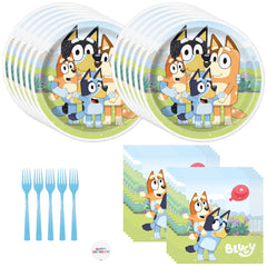Unique Bluey dinner plates for 16 guests, vibrant and disposable.